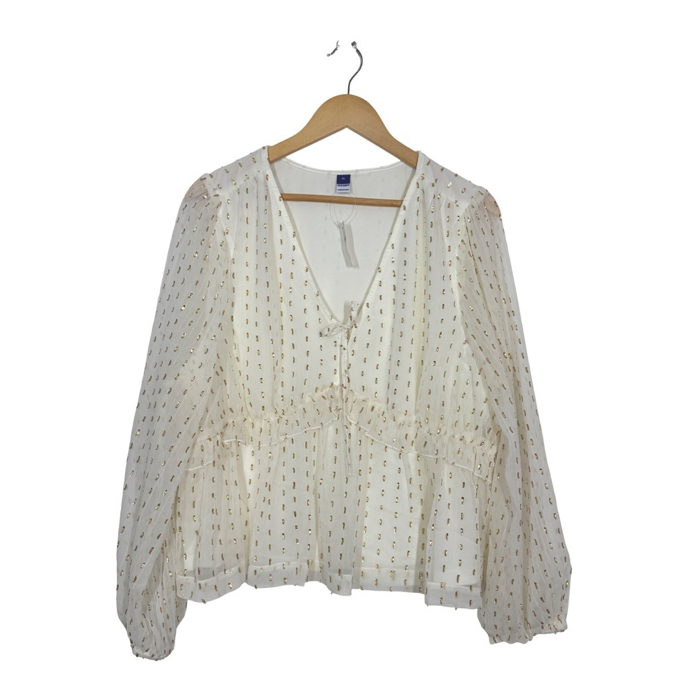 Old Navy Womens XL White Gold Foil Clip Dot V-Neck Peplum Blouse NWT Babydoll